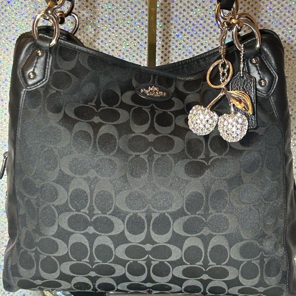 Coach Handbags - Coach Black Jacquard Tote Bag w/Silver-tone Cherry Bag Charm 14” x 12” x 3.5”